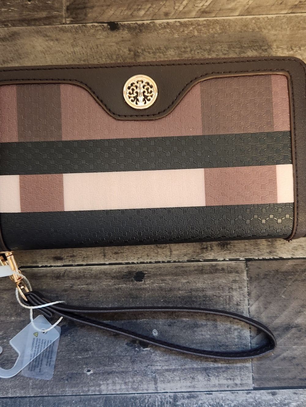 Striped Wristlet Wallet with Gold Medallion